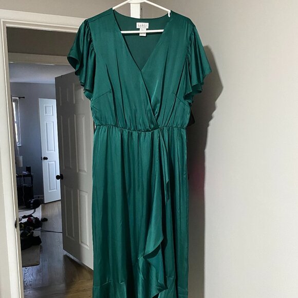 Ruffles short sleeve Nicole Miller long emerald green large dress - Picture 1 of 6